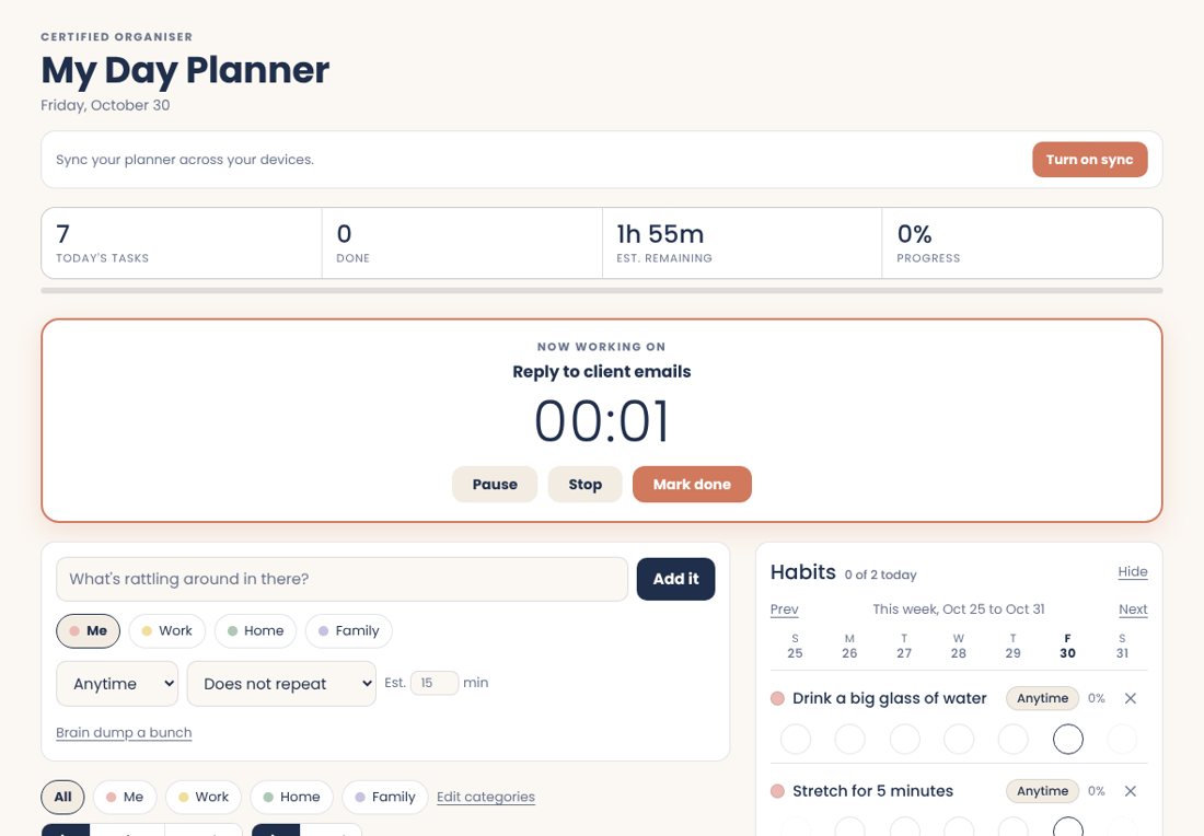 The planner on a laptop with a task timer running
