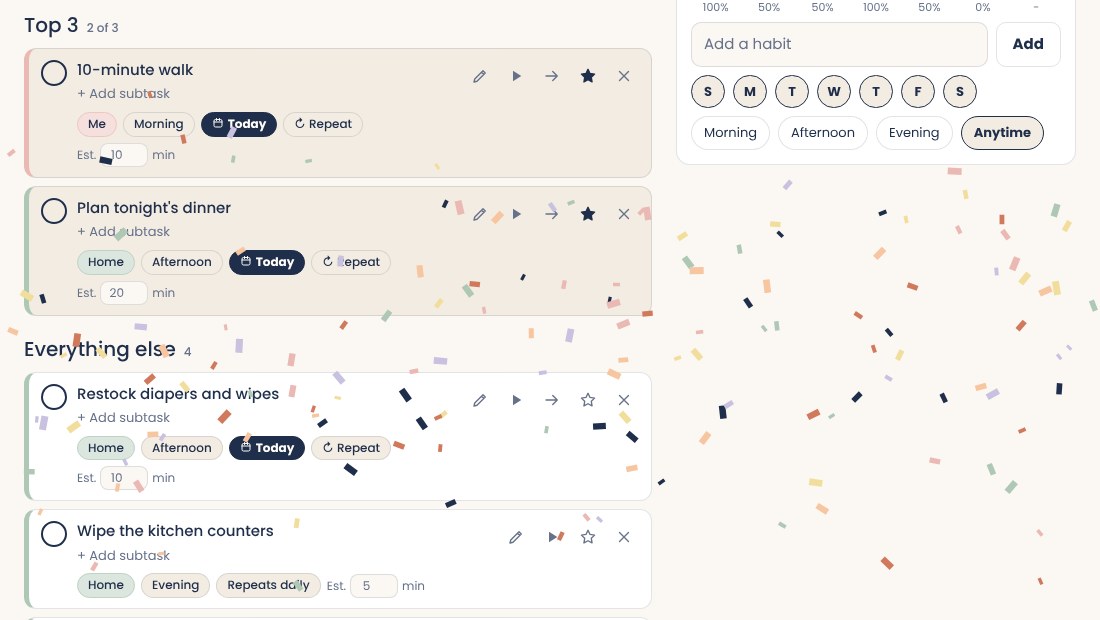 Screenshot of confetti falling over the task list
