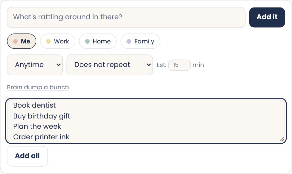 Screenshot of the brain dump box with a list of tasks